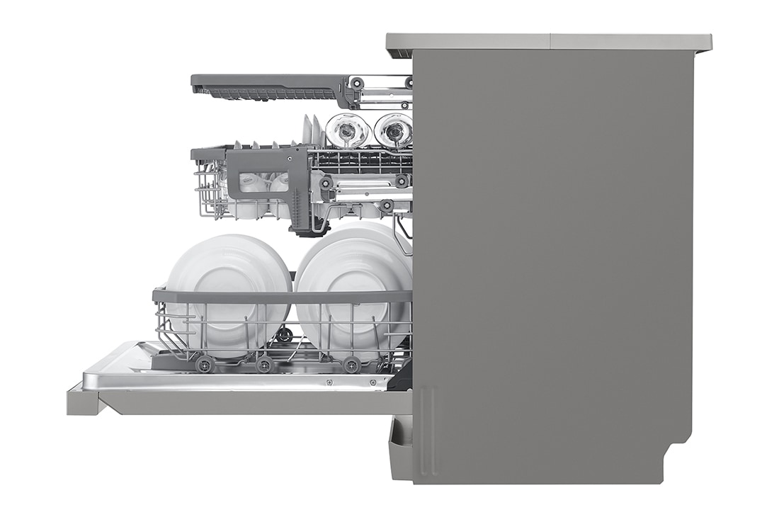 LG Πλυντήριο πιάτων με ατμό LG QuadWash™, Αριστερή πλαϊνή όψη (άδειο, μισάνοιχτη πόρτα) τοποθετημένο στην γκρι κουζίνα, DF455HPS, thumbnail 11