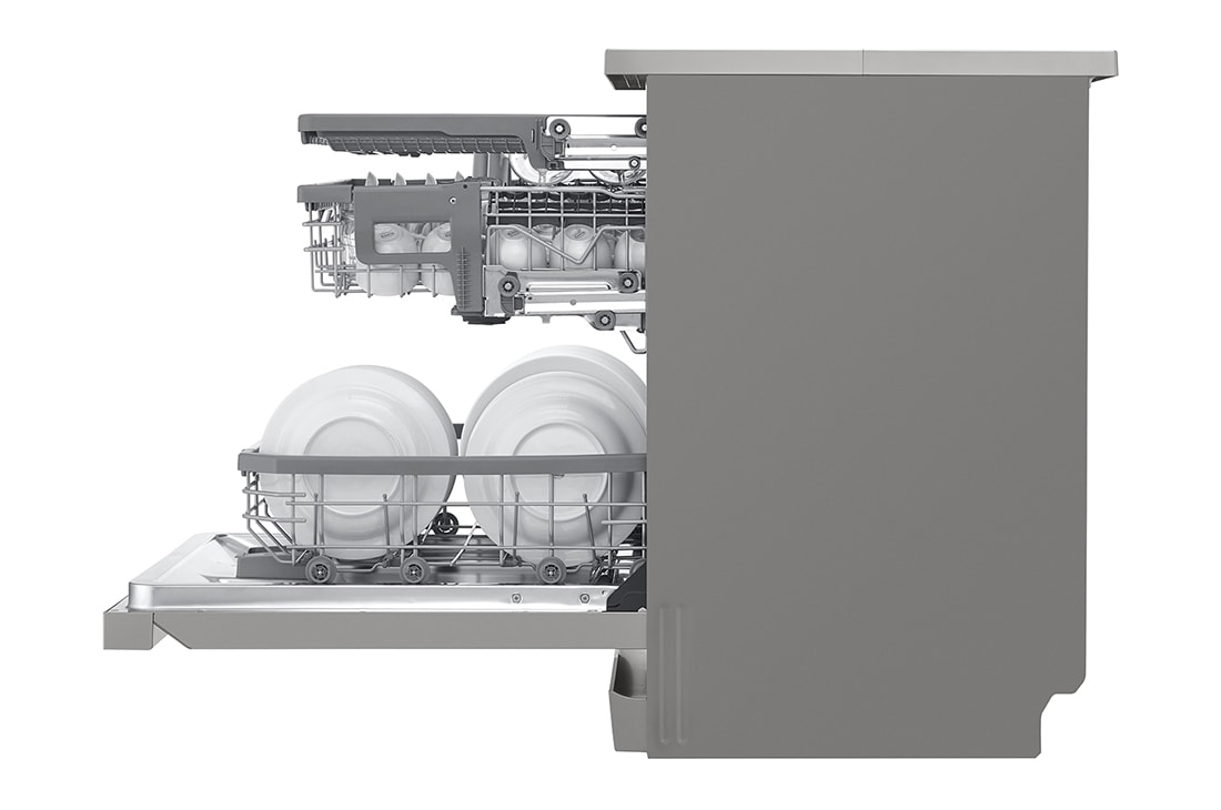 LG Πλυντήριο πιάτων με ατμό LG QuadWash™, Αριστερή πλαϊνή όψη (άδειο, μισάνοιχτη πόρτα) τοποθετημένο στην γκρι κουζίνα, DF455HPS, thumbnail 12