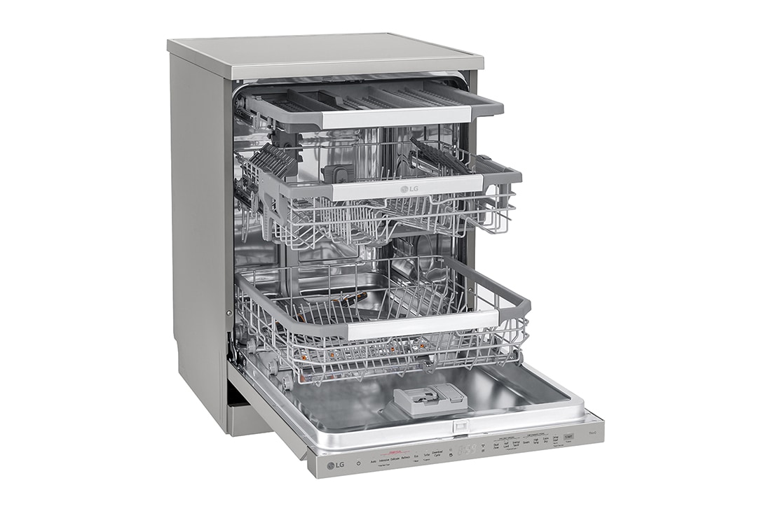 LG Πλυντήριο πιάτων με ατμό LG QuadWash™, TrueSteam™_Εμφανίζεται το εσωτερικό ενός πλυντηρίου πιάτων γεμάτο, και η λειτουργία TrueSteam αποδίδεται μέσω ενός εικονιδίου., DF455HPS, thumbnail 7