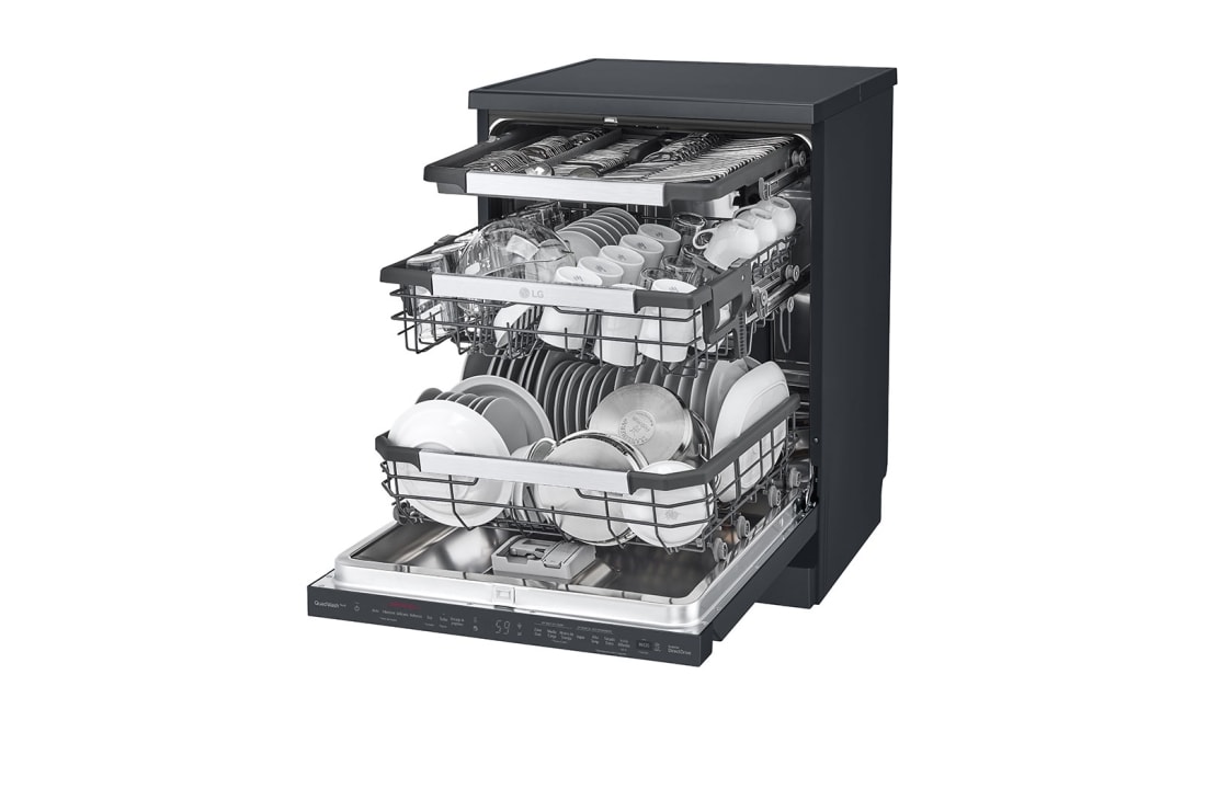 LG Πλυντήριο πιάτων με ατμό LG QuadWash™, TrueSteam™_Εμφανίζεται το εσωτερικό ενός πλυντηρίου πιάτων γεμάτο, και η λειτουργία TrueSteam αποδίδεται μέσω ενός εικονιδίου., DF455HMS, thumbnail 8