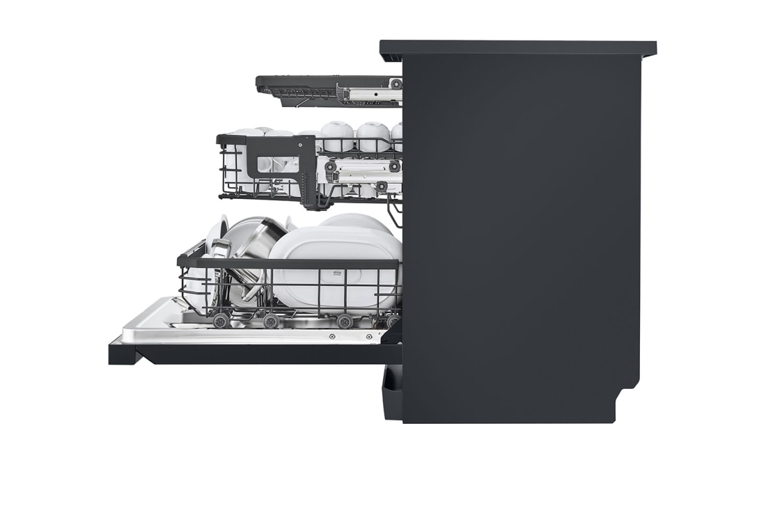 LG Πλυντήριο πιάτων με ατμό LG QuadWash™, ThinQ™_Δείχνει ένα πλυντήριο πιάτων σε λειτουργία και ένα έξυπνο τηλέφωνο με ενεργοποιημένη την οθόνη ThinQ. Επικοινωνήστε τα χαρακτηριστικά του ThinQ μέσω εικονιδίων., DF455HMS, thumbnail 10