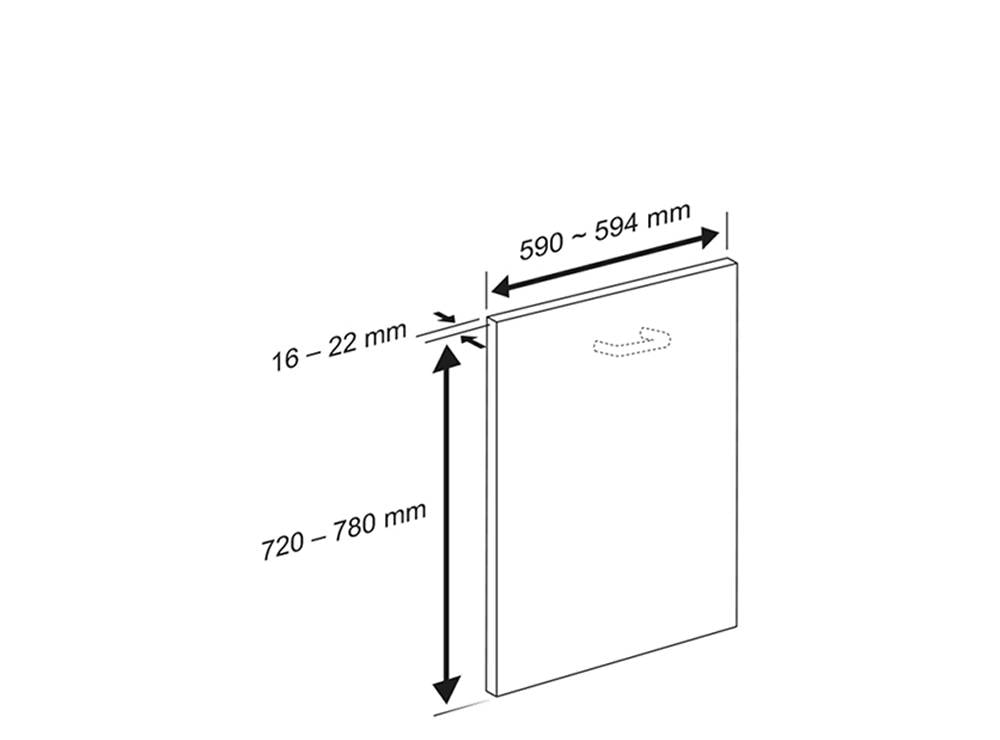 Διάγραμμα πλαισίου πόρτας πλυντηρίου πιάτων LG: πλάτος 590–594 mm, ύψος 720–780 mm, φάρδος 16–22 mm για σωστή τοποθέτηση.