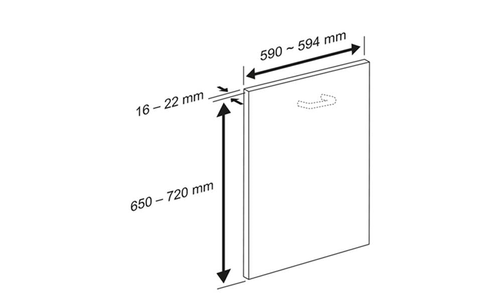 Διάγραμμα σταθερού πλαισίου πόρτας πλυντηρίου πιάτων LG: πλάτος 590–594 mm, ύψος 650–720 mm, φάρδος 16–22 mm για τοποθέτηση.