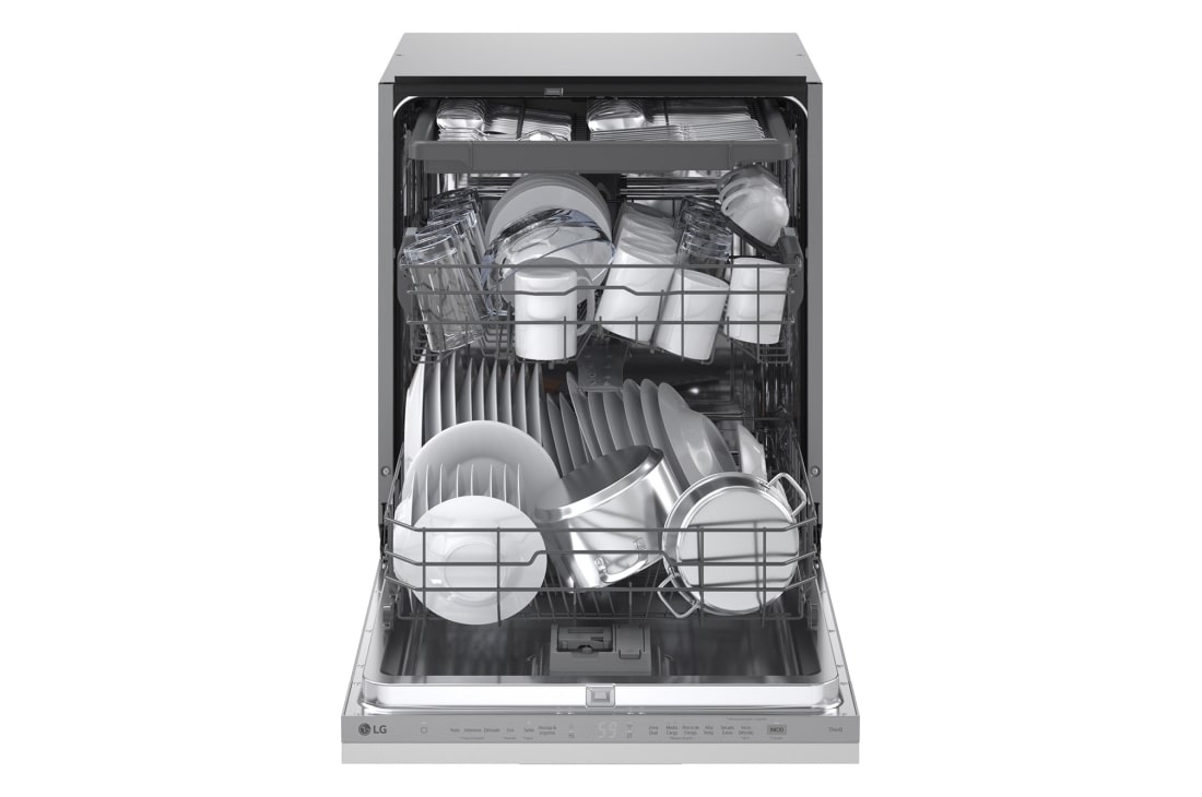 LG Εντοιχιζόμενο πλυντήριο πιάτων με ατμό και LG QuadWash™, Μπροστινή όψη ανοιχτής πόρτας με πιάτο, DB273TX, thumbnail 2