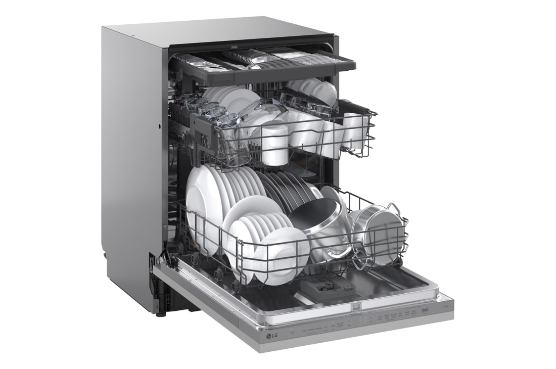 LG Εντοιχιζόμενο πλυντήριο πιάτων με ατμό και LG QuadWash™, Αριστερή πλαϊνή όψη ανοιχτής πόρτας με πιάτο με 3ο ράφι, DB273TX, thumbnail 10
