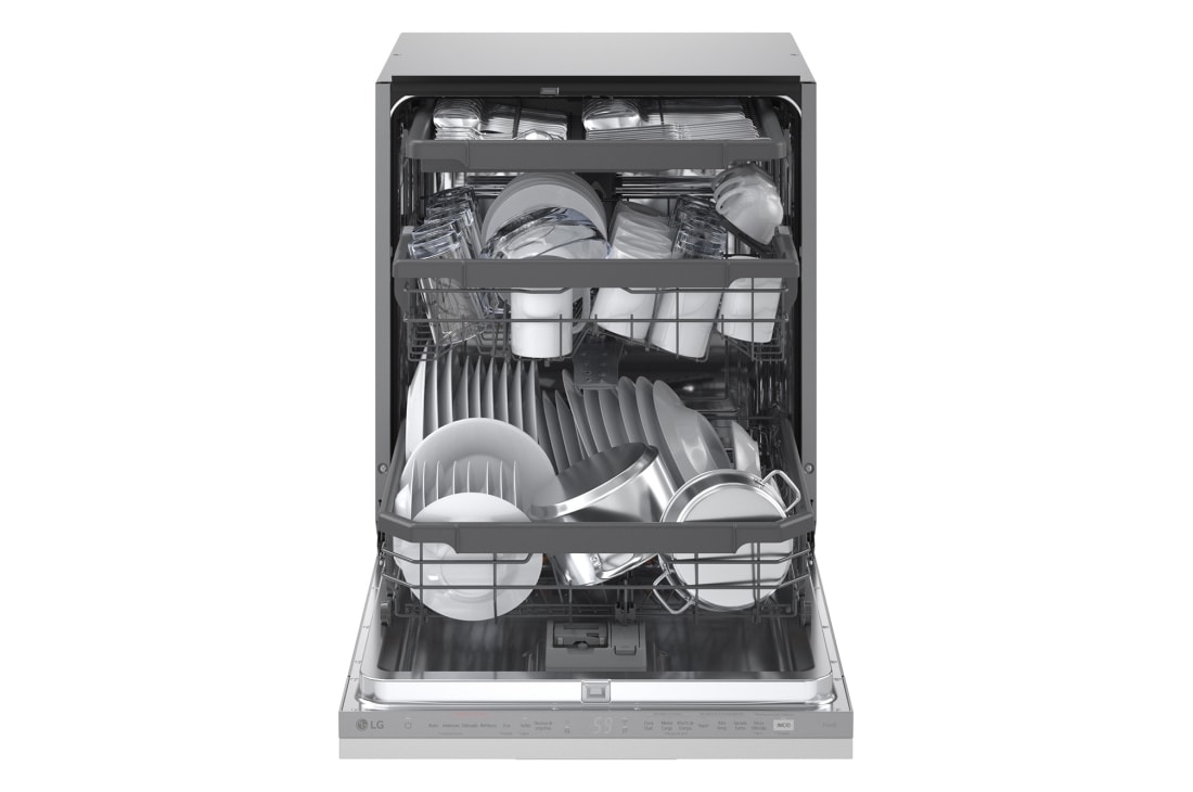LG Εντοιχιζόμενο πλυντήριο πιάτων με ατμό και LG QuadWash™, Μπροστινή όψη ανοιχτής πόρτας με πιάτο, DB375TXS, thumbnail 2
