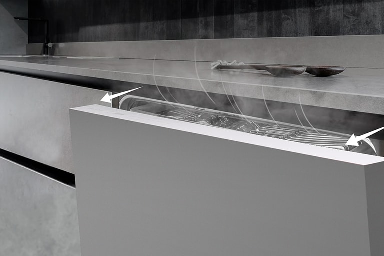 Η πόρτα του πλυντηρίου πιάτων LG ανοίγει αυτόματα μετά τον κύκλο πλύσης εκλύοντας ατμό και τα πιάτα στεγνώνουν φυσικά.