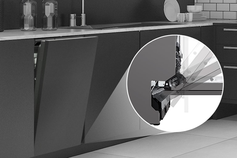 Κοντινό εσωτερικού πλυντηρίου πιάτων LG από ανοιξείδωτο ατσάλι, για ανθεκτικότητα, υγιεινή και αποτελεσματικό πλύσιμο πιάτων.
