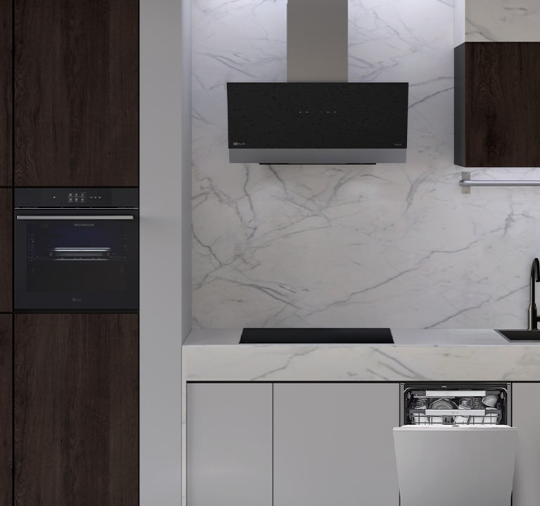 Μοντέρνα κουζίνα με εντοιχιζόμενο πλυντήριο πιάτων, φούρνο, απορροφητήρα και επαγωγικές εστίες LG σε αρμονικό συνδυασμό.