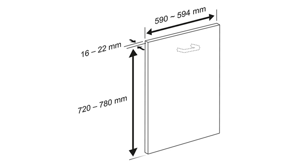 Διάγραμμα πλαισίου πόρτας πλυντηρίου πιάτων LG: πλάτος 590–594 mm, ύψος 720–780 mm, φάρδος 16–22 mm για σωστή τοποθέτηση.