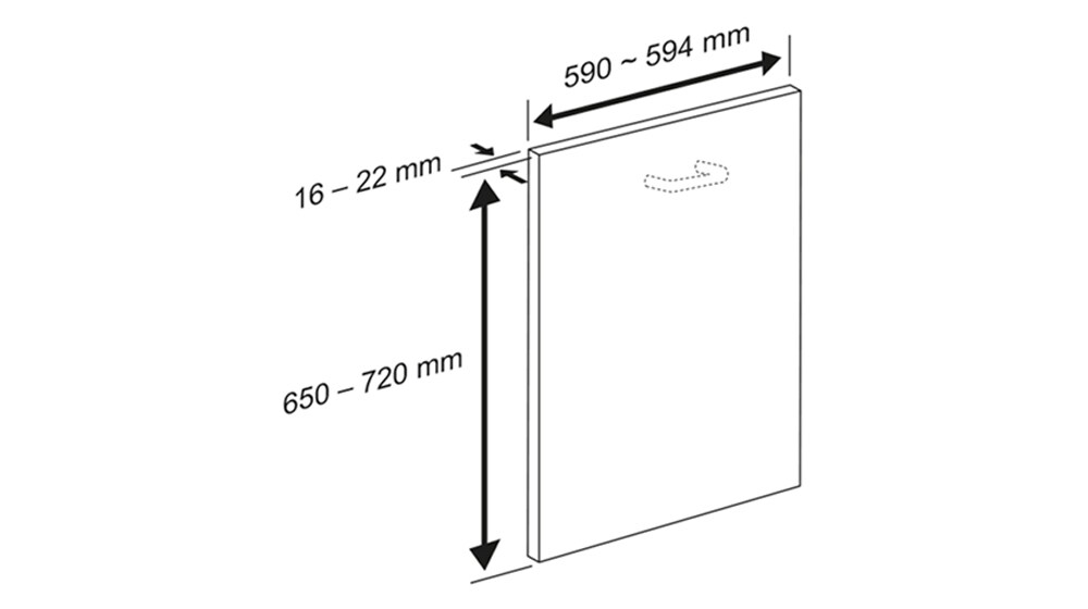 Διάγραμμα σταθερού πλαισίου πόρτας πλυντηρίου πιάτων LG: πλάτος 590–594 mm, ύψος 650–720 mm, φάρδος 16–22 mm για τοποθέτηση.