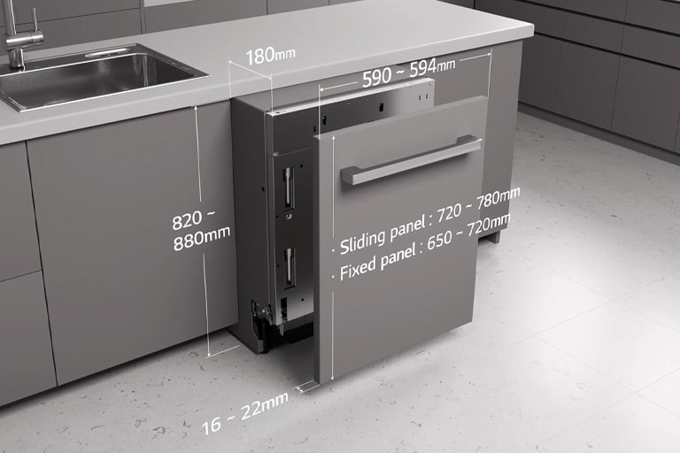 Διάγραμμα εγκατάστασης πλυντηρίου LG: ύψ. 820–880mm, πλ. 590–594mm, συρόμενο πλαίσιο 720–780mm, σταθερό πλαίσιο 650–720mm.