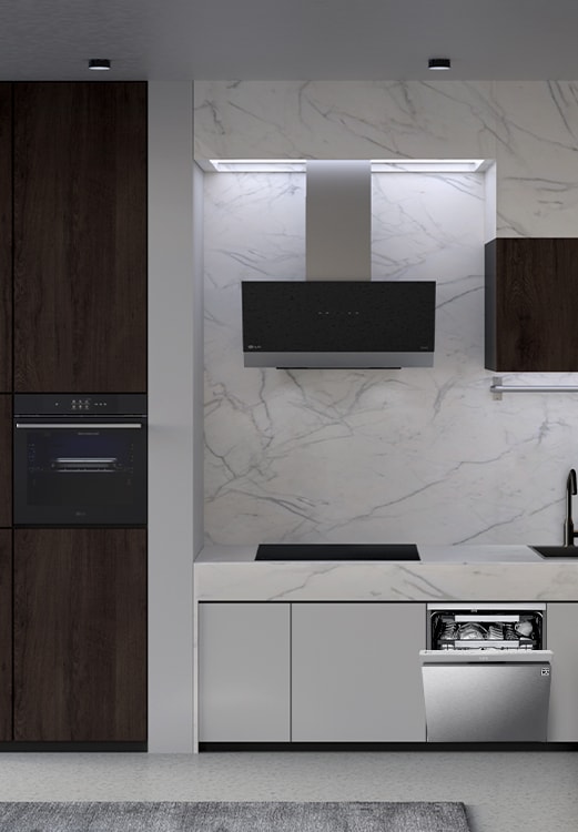 Μοντέρνα κουζίνα με εντοιχιζόμενο πλυντήριο πιάτων, φούρνο, απορροφητήρα και επαγωγικές εστίες LG σε αρμονικό συνδυασμό.