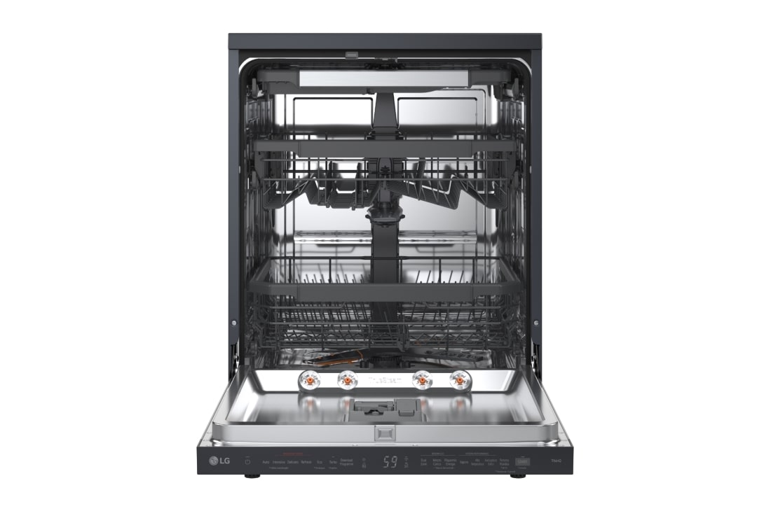 LG Ελεύθερο πλυντήριο πιάτων με ατμό και LG QuadWash™, Μπροστινή όψη ανοιχτής πόρτας με πιάτο, DF375HMS, thumbnail 2