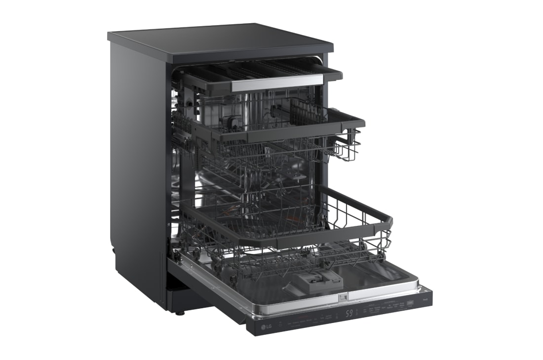 LG Ελεύθερο πλυντήριο πιάτων με ατμό και LG QuadWash™, Αριστερή πλαϊνή όψη ανοιχτής πόρτας με πιάτο με 3ο ράφι, DF375HMS, thumbnail 9