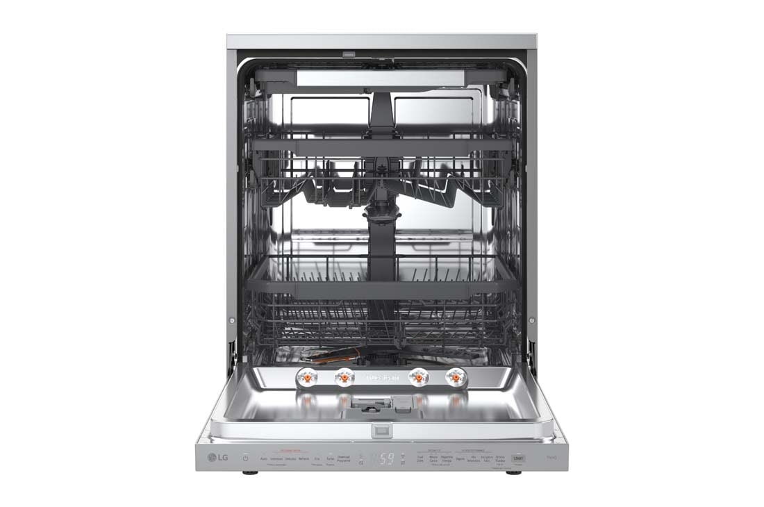 LG Ελεύθερο πλυντήριο πιάτων με ατμό και LG QuadWash™, Μπροστινή όψη ανοιχτής πόρτας με πιάτο, DF375HVS, thumbnail 2