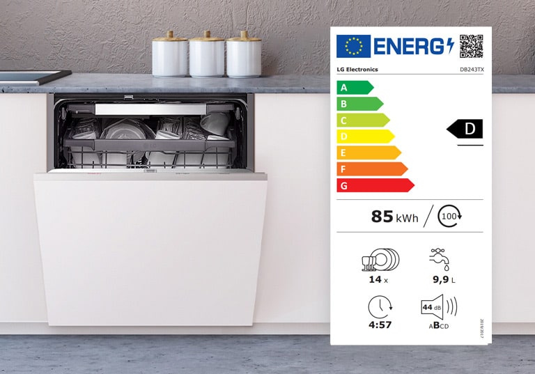 Εντοιχιζόμενο πλυντήριο πιάτων με μερικώς ανοιγόμενη πόρτα και ενεργειακή ετικέτα βαθμού D.
