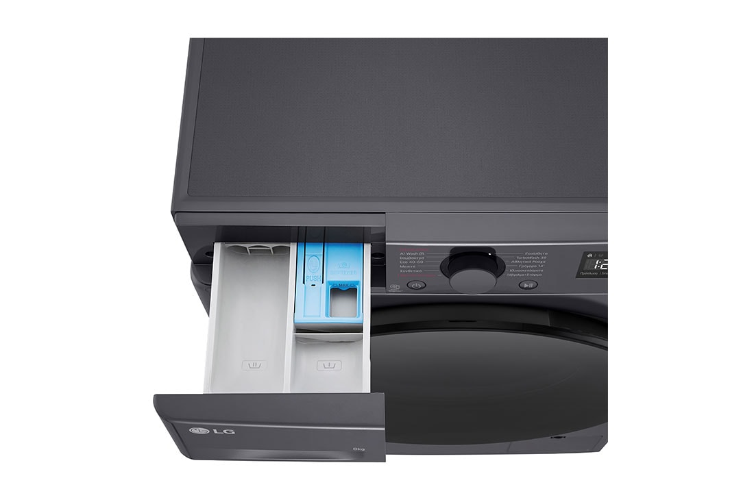 LG Πλυντήριο Ρούχων 8kg, AI DD™, Steam™,TurboWash™, Top perspective view with detergent port open, F2R5008TSMB, thumbnail 7