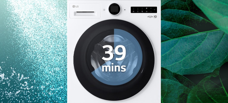 Μεγεθύνεται η οθόνη του πλυντηρίου που δείχνει 39 λεπτά, για να φανεί το νερό που ρέει από πάνω και από κάτω κατά τη διάρκεια του πλυσίματος.