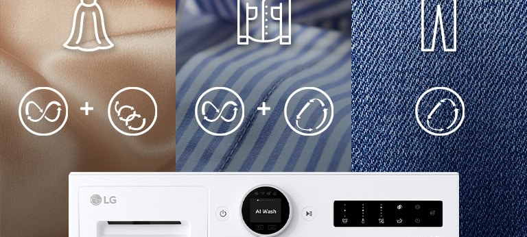 Εμφανίζονται υφάσματα από μετάξι, πουκάμισα και τζιν, ενώ περιγράφονται οι λειτουργίες του AI Wash.