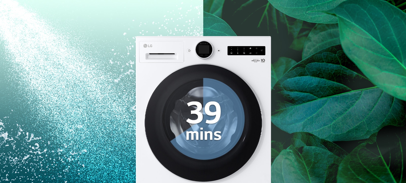 Μεγεθύνεται η οθόνη του πλυντηρίου που δείχνει 39 λεπτά, για να φανεί το νερό που ρέει από πάνω και από κάτω κατά τη διάρκεια του πλυσίματος.