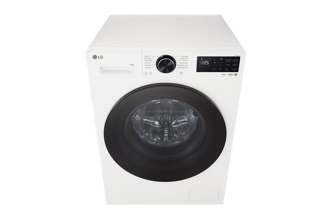 LG Πλυντήριο ρούχων 11kg, AIDD, TurboWash, Εικόνα που δείχνει ένα πλυντήριο σε ένα σαλόνι με αξιολόγηση ενεργειακής απόδοσης A δίπλα του, καταναλώνοντας 30% λιγότερη ηλεκτρική ενέργεια, F4X5011TWB, thumbnail 3