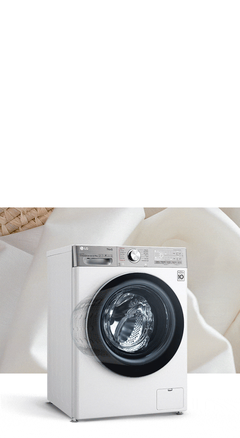 Ένα πλυντήριο με φόντο μια εικόνα καλαθιού ρούχων, που υποδεικνύει τη μεγάλη χωρητικότητα του πλυντηρίου.