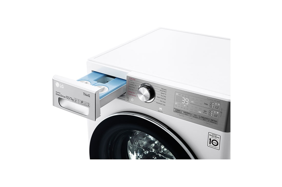 LG Πλυντήριο/Στεγνωτήριο Ρούχων 10,5/7kg, AI DD™, Ατμού, TurboWash™ , Eco Hybrid  , κάτοψη άνω τμήματος και ελεγκτή με ανοικτό συρτάρι, F4DV910H2EA, thumbnail 5
