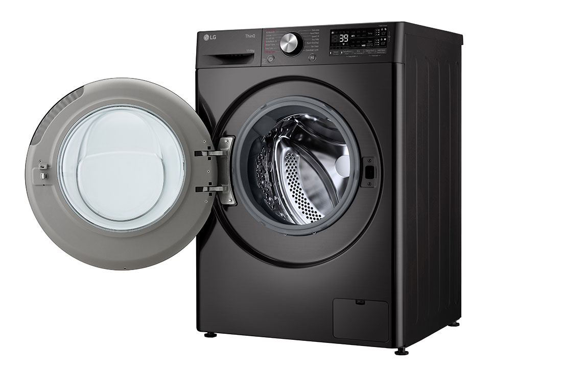 LG Πλυντήριο/Στεγνωτήριο Ρούχων 11/6kg TurboWash 360™, δεξιά όψη με ανοιχτό το μπροστινό μέρος, D4R7511TSBB, thumbnail 10