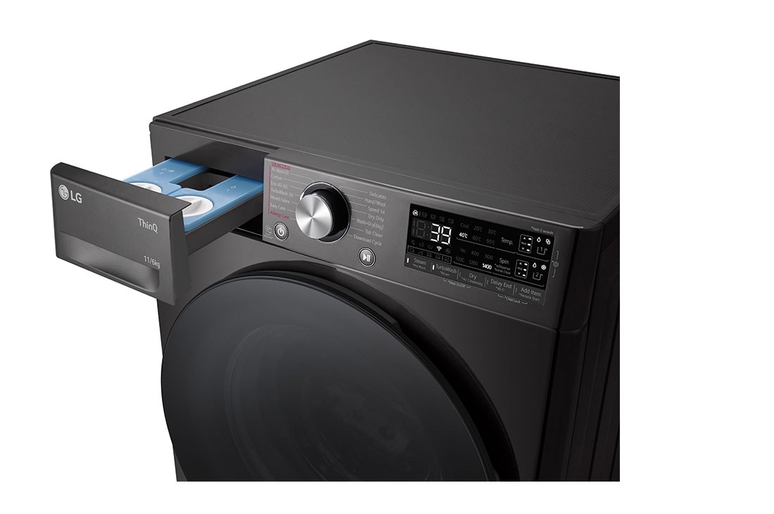 LG Πλυντήριο/Στεγνωτήριο Ρούχων 11/6kg TurboWash 360™, κάτοψη άνω τμήματος και ελεγκτή με ανοικτό συρτάρι, D4R7511TSBB, thumbnail 5