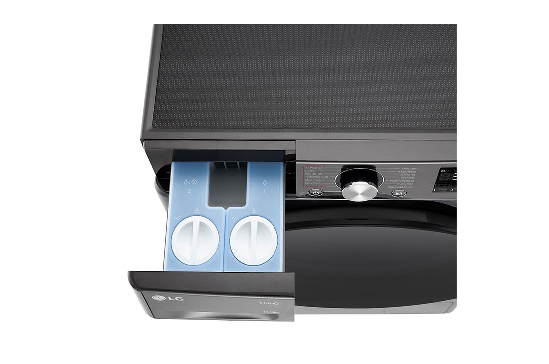 LG Πλυντήριο/Στεγνωτήριο Ρούχων 11/6kg TurboWash 360™, κάτοψη άνω τμήματος και ελεγκτή με ανοικτό συρτάρι, D4R7511TSBB, thumbnail 7