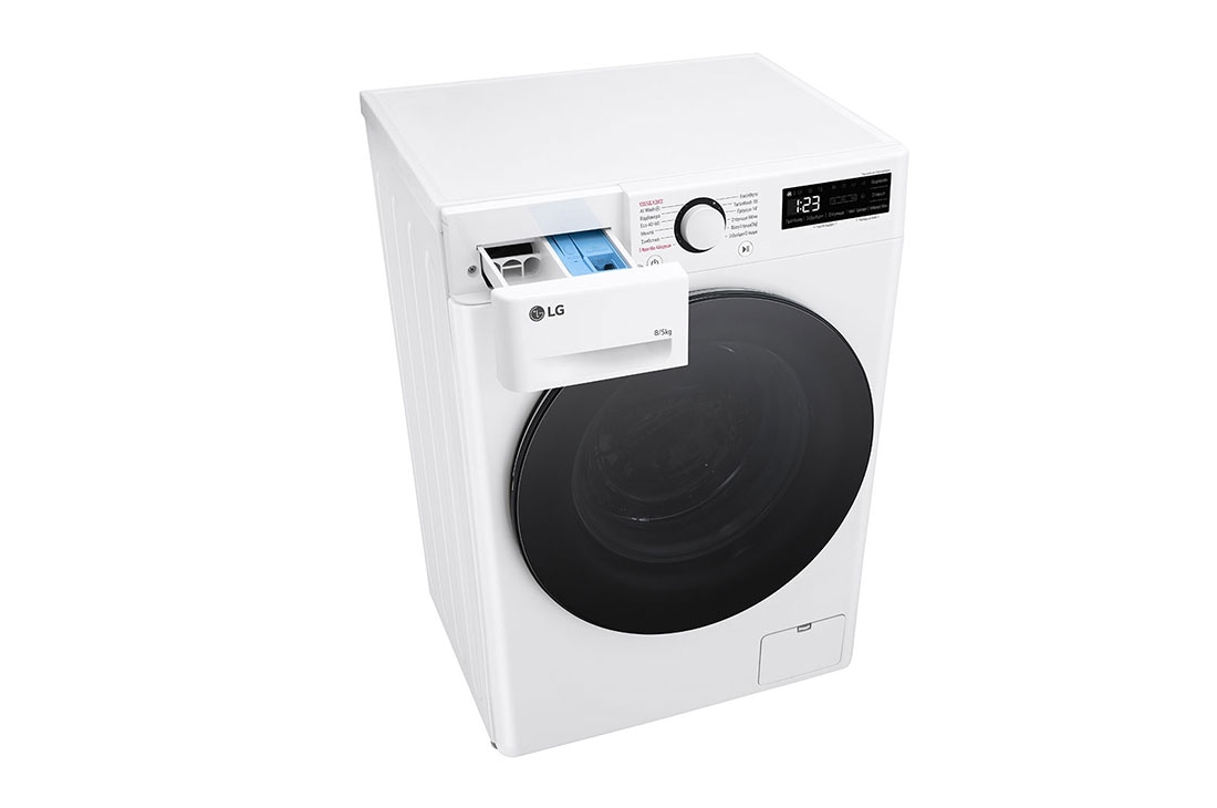 LG Πλυντήριο / Στεγνωτήριο Ρούχων Slim 8/5kg, AI DD™, Ατμού, TurboWash 360™, Top Left Perspective Open detergent port, D2R50S8TSWB, thumbnail 9