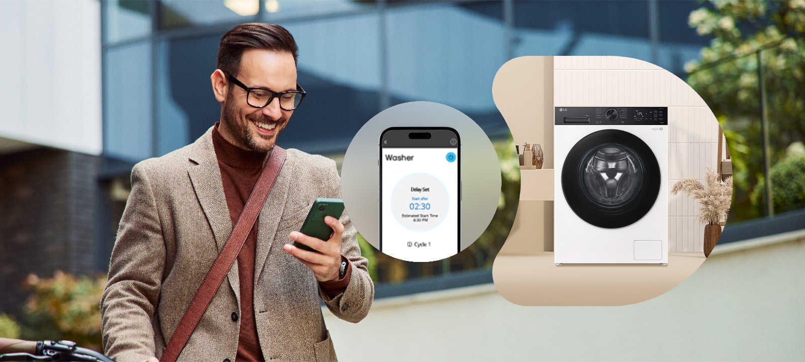 Άνδρας που ελέγχει εξ αποστάσεως το πλυντήριο ρούχων LG μέσω μιας εφαρμογής ThinQ.