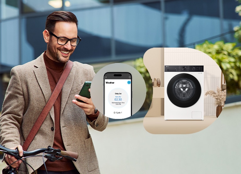 Άνδρας που ελέγχει εξ αποστάσεως το πλυντήριο ρούχων LG μέσω μιας εφαρμογής ThinQ.