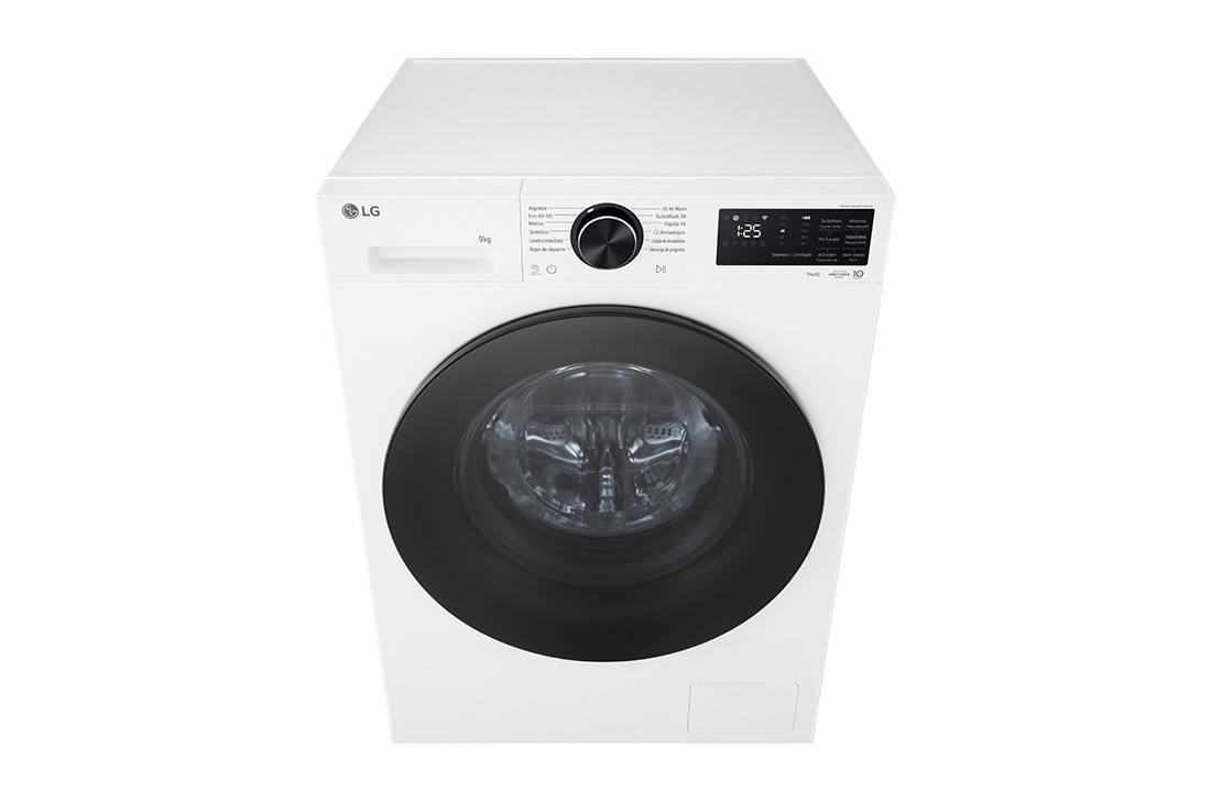 LG Πλυντήριο ρούχων 9kg, AIDD, TurboWash, Εικόνα που δείχνει ένα πλυντήριο σε ένα σαλόνι με αξιολόγηση ενεργειακής απόδοσης A δίπλα του, καταναλώνοντας 30% λιγότερη ηλεκτρική ενέργεια, F4X5009TWB, thumbnail 3