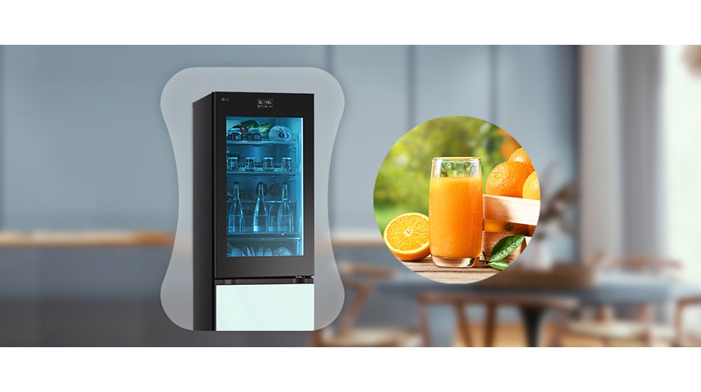 Image of cool air coming from the top of the open refrigerator.