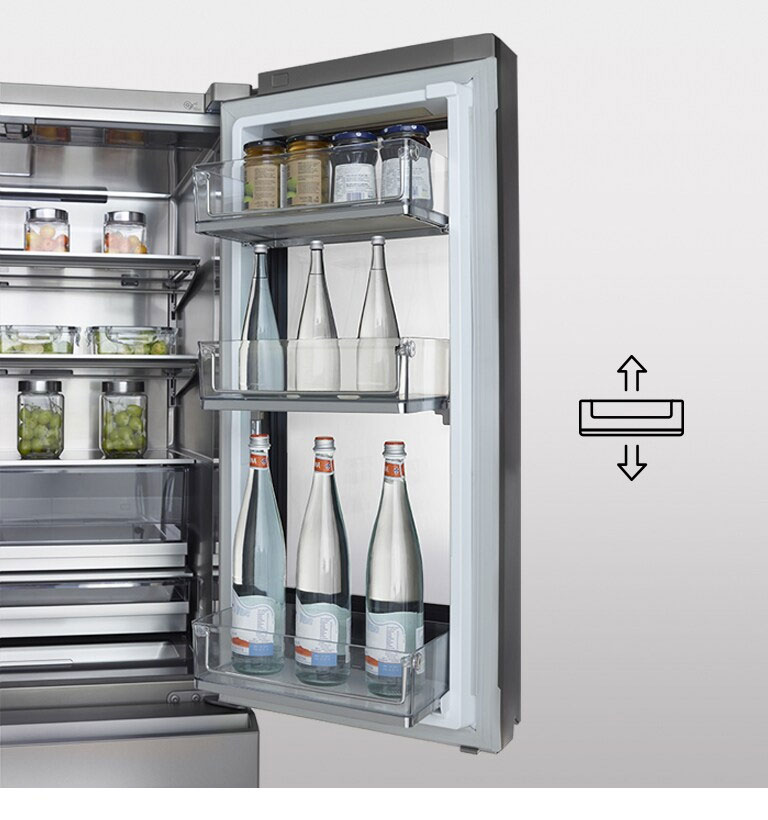 Ράφια Door in door του ψυγείου LG SIGNATURE instaview, γεμάτα με φιάλες διαφορετικού ύψους.