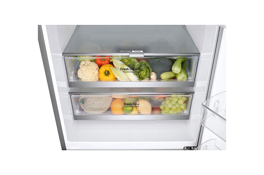 LG Ψυγειοκαταψύκτης Total No Frost 185 x 70,5 cm με βρυσάκι νερού, Drawer with food top perspective view, GBF567PZCMB, thumbnail 4