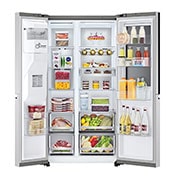 LG Ψυγείο Ντουλάπα Κάθετης Διάταξης (SxS) Total No Frost με InstaView Door-in-Door® 1790 x 91,3 cm, μπροστινή ανοικτή όψη τροφίμων, GSXV91BSAF, thumbnail 2
