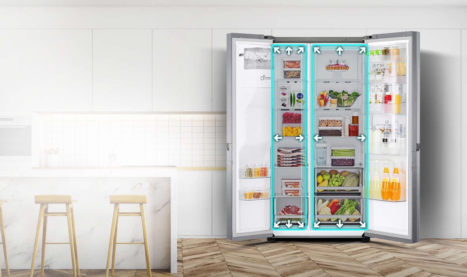 Ένα βίντεο ξεκινά με την πρόσοψη ενός ψυγείου και τις δύο του πόρτες ανοικτές. Οι εσωτερικοί χώροι έχουν περίγραμμα από γραμμές νέον, ενώ υπάρχουν βέλη που ωθούν τις γραμμές αυτές προς τα έξω, υποδεικνύοντας ότι ο εσωτερικός χώρος έχει πλέον αυξηθεί. Το τετράγωνο από νέον γύρω από τους εσωτερικούς χώρους αναβοσβήνει, για να δείξει τη διαφορά ανάμεσα στον νέο χώρο και τον παλιό, μικρότερο χώρο, ο οποίος περιγράφεται με μια διακεκομμένη λευκή γραμμή.