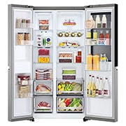 LG Ψυγείο Ντουλάπα Κάθετης Διάταξης (SxS) Total No Frost με Instaview™ 179 x 91,3 cm , Front view door open with food, GSVV80PYLL, thumbnail 3