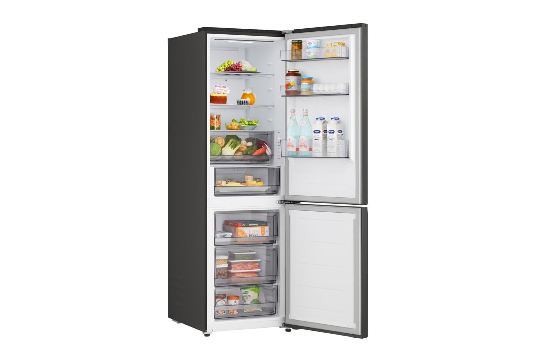 LG Ψυγειοκαταψύκτης Total No Frost 203 x 59,7 cm, LG ψυγειοκαταψύκτης κοντινή όψη της θήκης κρασιών με τέσσερα μπουκάλια και κουτί με μακαρόν, με το σχέδιο της θήκης μεγεθυμένο σε κυκλική εικόνα, GBBSJ20DEP, thumbnail 7