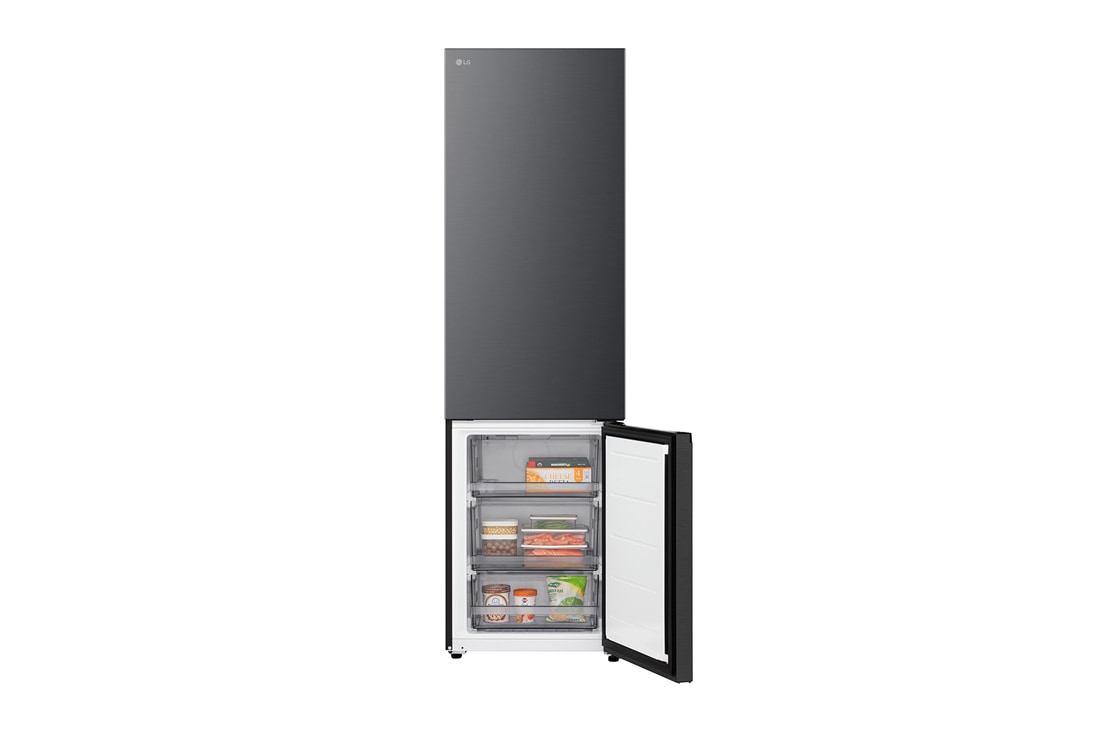 LG Ψυγειοκαταψύκτης Total No Frost 203 x 59,7 cm, LG ψυγειοκαταψύκτης εγκατεστημένος εντοιχισμένος σε ψηλό τοίχο σε ζεστή μπεζ απόχρωση με λευκά βέλη που δείχνουν την πάνω πλευρά και τις μπροστινές επιφάνειες, GBBSJ20EEP, thumbnail 6