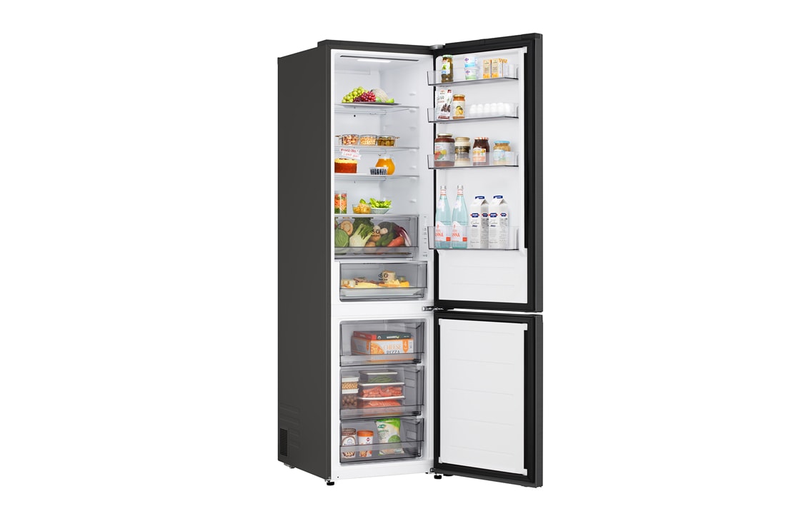 LG Ψυγειοκαταψύκτης Total No Frost 203 x 59,7 cm, LG ψυγειοκαταψύκτης κοντινή όψη της θήκης κρασιών με τέσσερα μπουκάλια και κουτί με μακαρόν, με το σχέδιο της θήκης μεγεθυμένο σε κυκλική εικόνα, GBBSJ20EEP, thumbnail 7