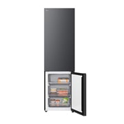 LG Ψυγειοκαταψύκτης Total No Frost 203 x 59,7 cm, LG ψυγειοκαταψύκτης εγκατεστημένος εντοιχισμένος σε ψηλό τοίχο σε ζεστή μπεζ απόχρωση με λευκά βέλη που δείχνουν την πάνω πλευρά και τις μπροστινές επιφάνειες, GBBSJ20EEP, thumbnail 6