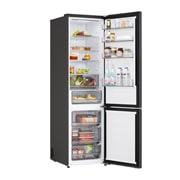 LG Ψυγειοκαταψύκτης Total No Frost 203 x 59,7 cm, LG ψυγειοκαταψύκτης κοντινή όψη της θήκης κρασιών με τέσσερα μπουκάλια και κουτί με μακαρόν, με το σχέδιο της θήκης μεγεθυμένο σε κυκλική εικόνα, GBBSJ20EEP, thumbnail 7