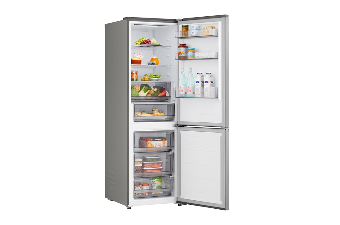 LG Ψυγειοκαταψύκτης Total No Frost 186 x 59,7 cm, LG ψυγειοκαταψύκτης κοντινή όψη της θήκης κρασιών με τέσσερα μπουκάλια και κουτί με μακαρόν, με το σχέδιο της θήκης μεγεθυμένο σε κυκλική εικόνα, GBBSJ10EPY, thumbnail 7