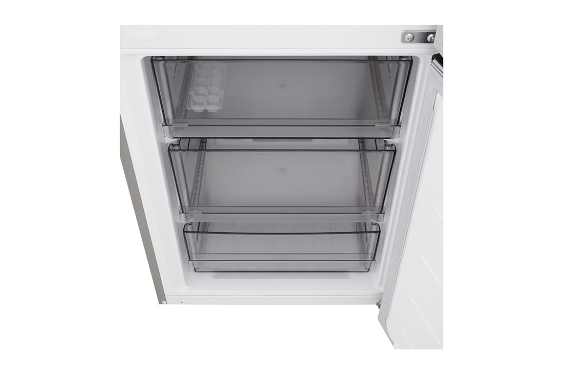 LG Ψυγειοκαταψύκτης Total No Frost 186 x 59,7 cm, LG ψυγειοκαταψύκτης με ράφι τονισμένο με μπλε χρώμα και βέλη πάνω και κάτω, στη δεξιά εικόνα φαίνεται το αναδιπλωμένο ράφι με δύο μπουκάλια νερού, GBBSJ10EPY, thumbnail 11