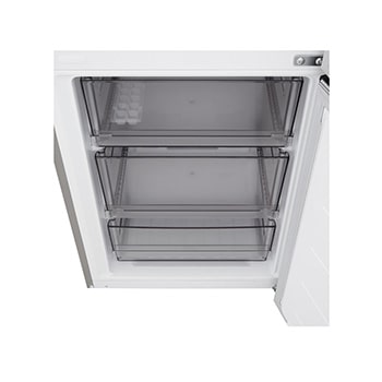 LG Ψυγειοκαταψύκτης Total No Frost 186 x 59,7 cm, LG ψυγειοκαταψύκτης με ράφι τονισμένο με μπλε χρώμα και βέλη πάνω και κάτω, στη δεξιά εικόνα φαίνεται το αναδιπλωμένο ράφι με δύο μπουκάλια νερού, GBBSJ10EPY, thumbnail 11