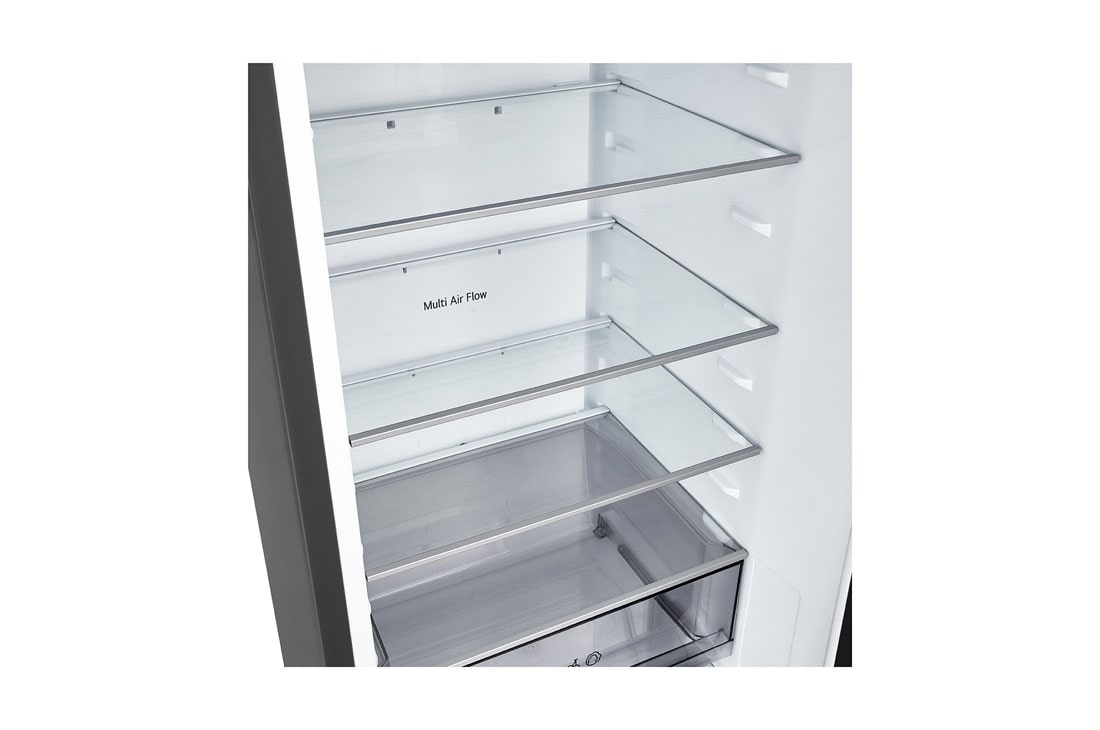 LG Ψυγειοκαταψύκτης Total No Frost 203 x 59,7 cm, LG ψυγειοκαταψύκτης κοντινή όψη της θήκης κρασιών με τέσσερα μπουκάλια και κουτί με μακαρόν, με το σχέδιο της θήκης μεγεθυμένο σε κυκλική εικόνα, GBBSJ21DEP, thumbnail 7